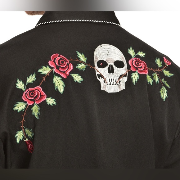 Vintage Scully Skull Rose Western Embroidered Pearl Snap Black Button Up Size L - Picture 3 of 15